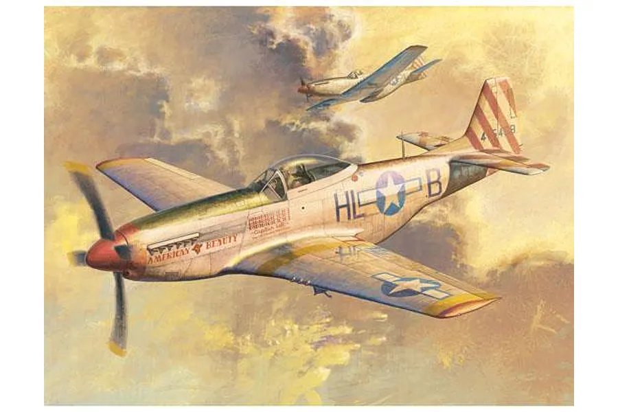 An artistic illustration of two P-51D Mustang fighter aircraft flying through a cloudy, golden-hued sky.