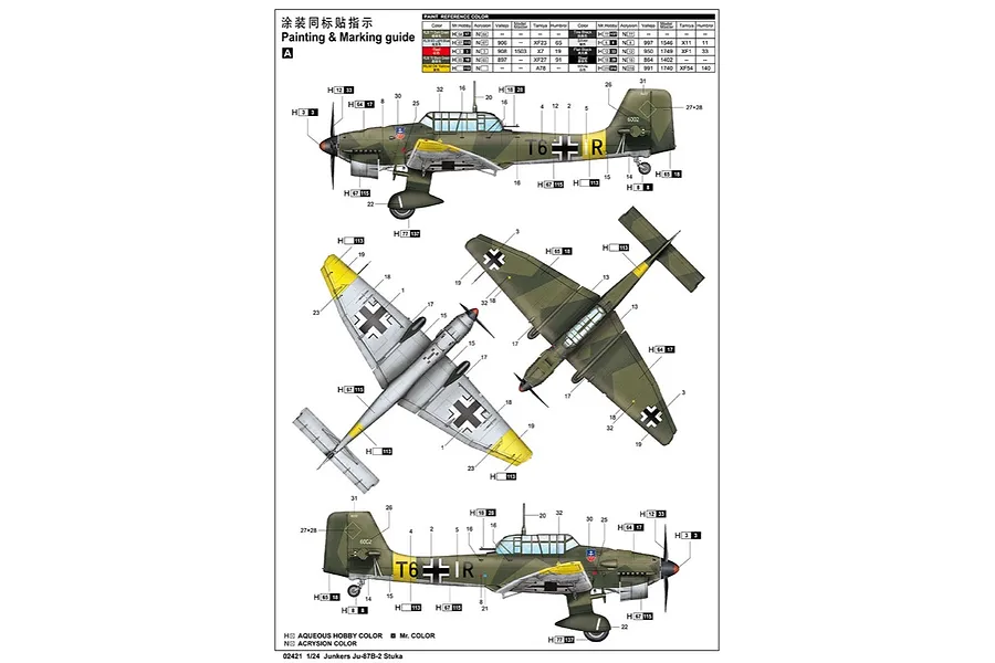 Painting and marking guide for a 1/24 scale Junkers Ju-87B-2 Stuka model kit, showing side and top-down views with color reference charts.