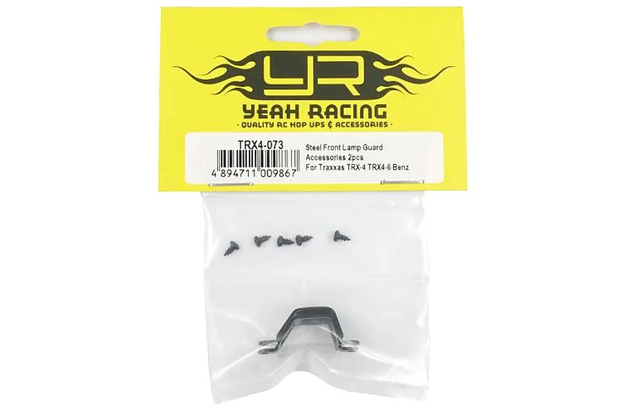 Yeah Racing TRX4-073 steel front lamp guard set for Traxxas TRX-4 and TRX-6 Mercedes models in original yellow and white retail packaging.