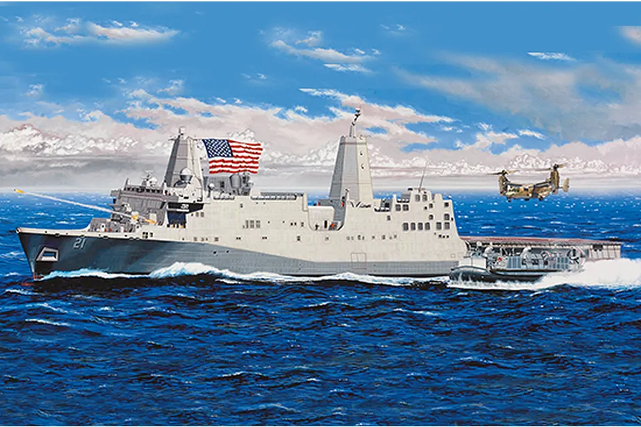 Box art illustration of the USS New York LPD-21 amphibious transport dock ship at sea with a helicopter and landing craft.