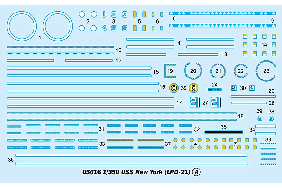 A decal sheet for the Trumpeter 1/350 USS New York LPD-21 model kit, featuring various lines, numbers, and symbols on a light blue backing paper.