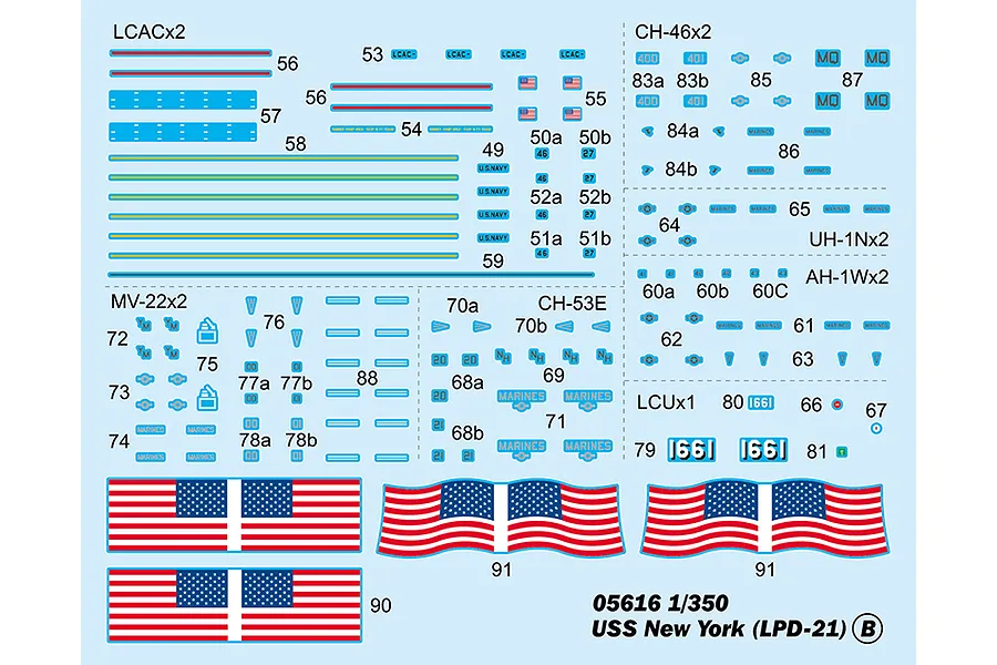 A decal sheet for the Trumpeter 1/350 USS New York LPD-21 model kit, featuring various markings, flags, and labels for aircraft and landing craft.