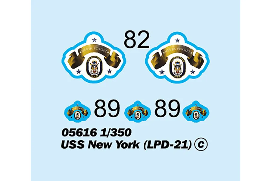 A decal sheet for the Trumpeter 1/350 USS New York LPD-21 model kit, featuring ship crests, numbers 82 and 89, and identifying text.