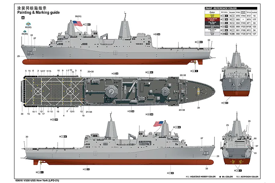A painting and marking guide for a 1/350 scale USS New York LPD-21 model kit, showing side, top, and rear views with paint reference codes.