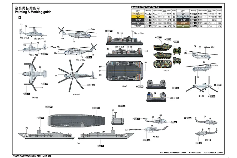 A painting and marking guide for a 1/350 scale Trumpeter USS New York model kit, showing color references and diagrams for included aircraft and landing craft.