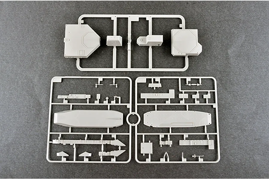 Two grey plastic model kit sprues containing various ship parts for a 1/350 scale model.