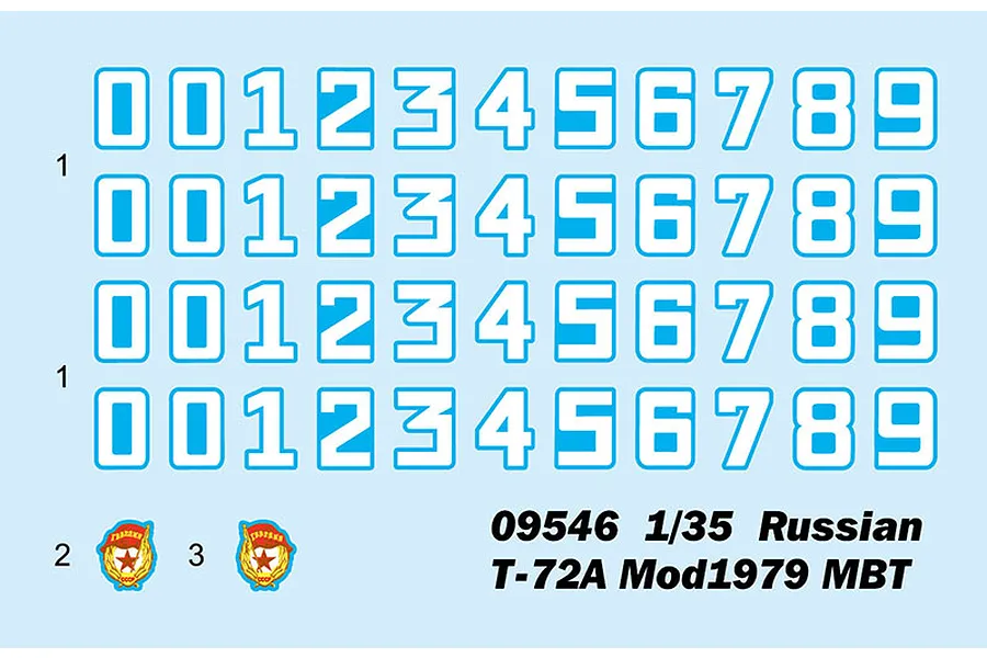 A decal sheet for a 1/35 scale Trumpeter T-72A tank model, featuring rows of blue numbers 0-9 and two small Soviet Guards unit insignia.