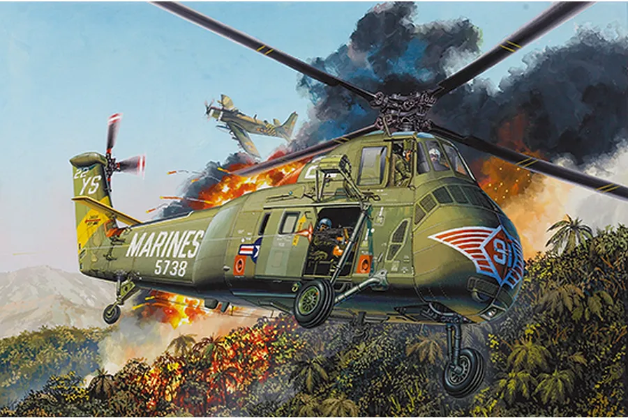 Box art illustration of a US Marines H-34 helicopter flying over a jungle during a combat mission with smoke and fire in the background.