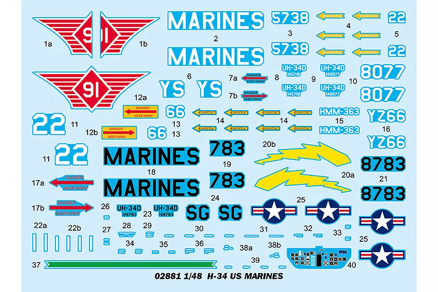 A decal sheet for a 1/48 scale Trumpeter H-34 US Marines helicopter model kit, featuring various military markings, numbers, and insignia.