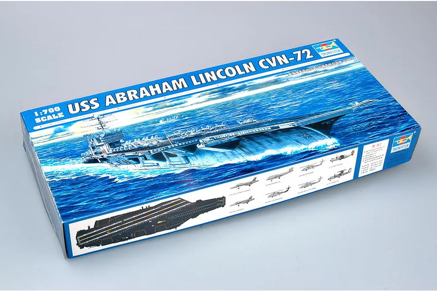 Trumpeter 1/700 scale USS Abraham Lincoln CVN-72 aircraft carrier plastic model kit box on a plain background.