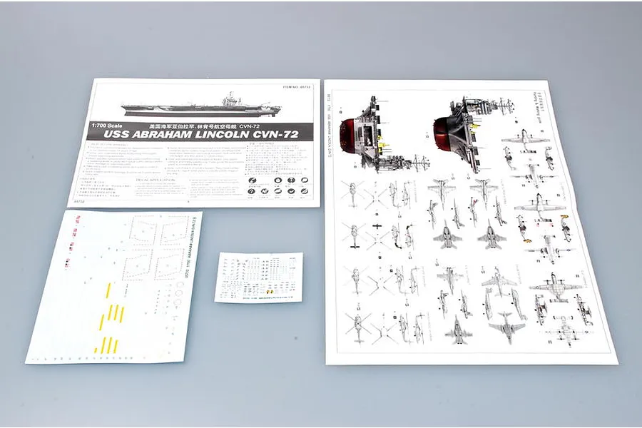 Instruction manual, decal sheets, and painting guide for the Trumpeter 1/700 scale USS Abraham Lincoln CVN-72 model kit.