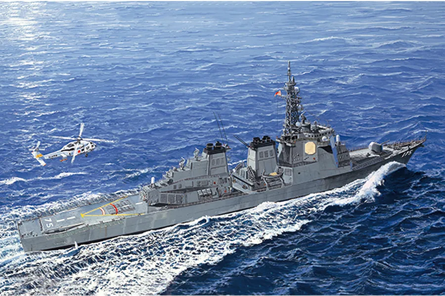 An artistic illustration of the JMSDF DDG-175 Myoko destroyer sailing on the ocean with a helicopter flying nearby.