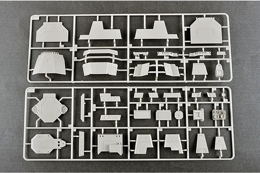 Two grey plastic model kit sprues containing various ship superstructure parts for a 1/350 scale model.