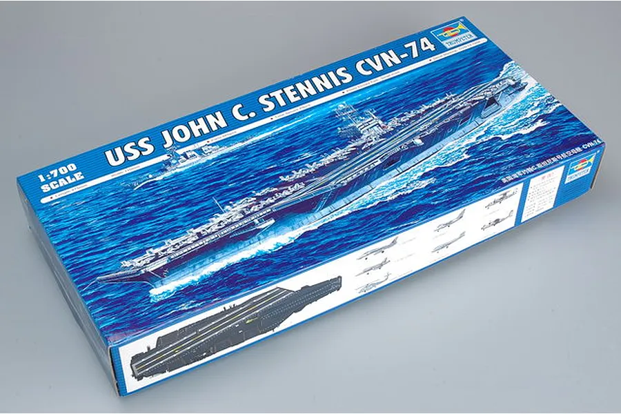 A Trumpeter 1/700 scale model kit box for the USS John C. Stennis CVN-74 aircraft carrier, featuring box art of the ship at sea.