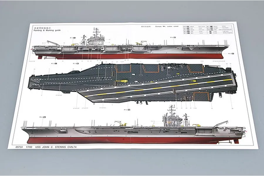 Painting and marking guide for the Trumpeter 1/700 USS John C. Stennis CVN-74 model kit, showing side and top views of the aircraft carrier.
