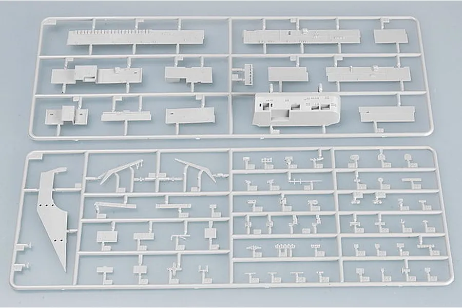 Two grey plastic model kit sprues containing various ship parts for a 1/700 scale aircraft carrier model.