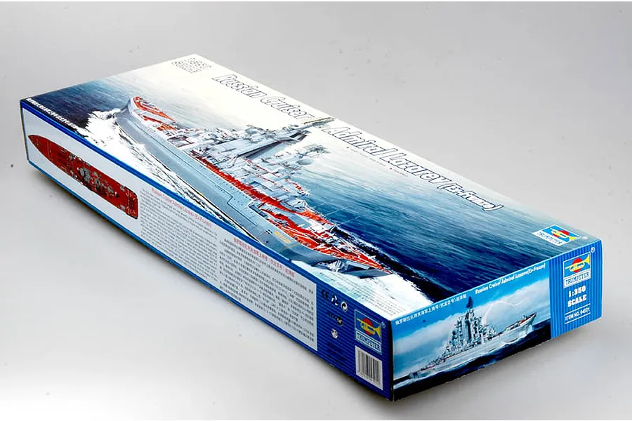 A rectangular cardboard box for a Trumpeter 1/350 scale Russian Admiral Lazarev battlecruiser plastic model kit, shown from a high-angle perspective.
