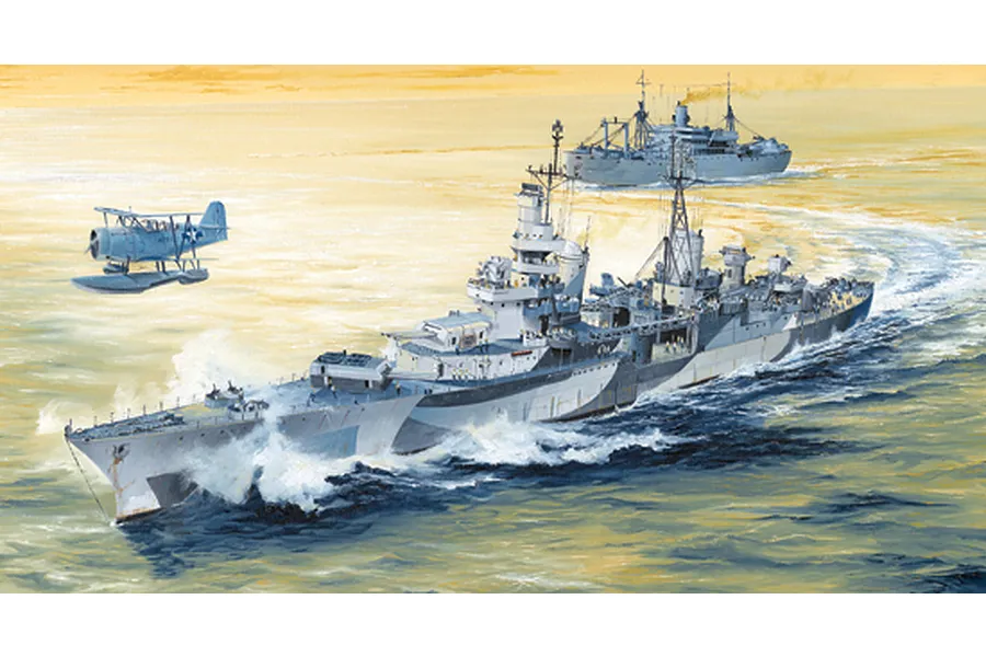 Box art illustration of the USS Indianapolis CA-35 heavy cruiser sailing at sea with a floatplane flying alongside and another ship in the background.