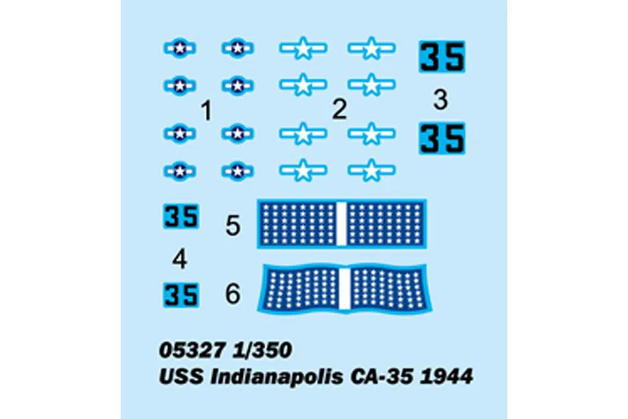 A decal sheet for a 1/350 scale Trumpeter USS Indianapolis CA-35 model kit, featuring US Navy insignia, hull numbers, and flag decals.