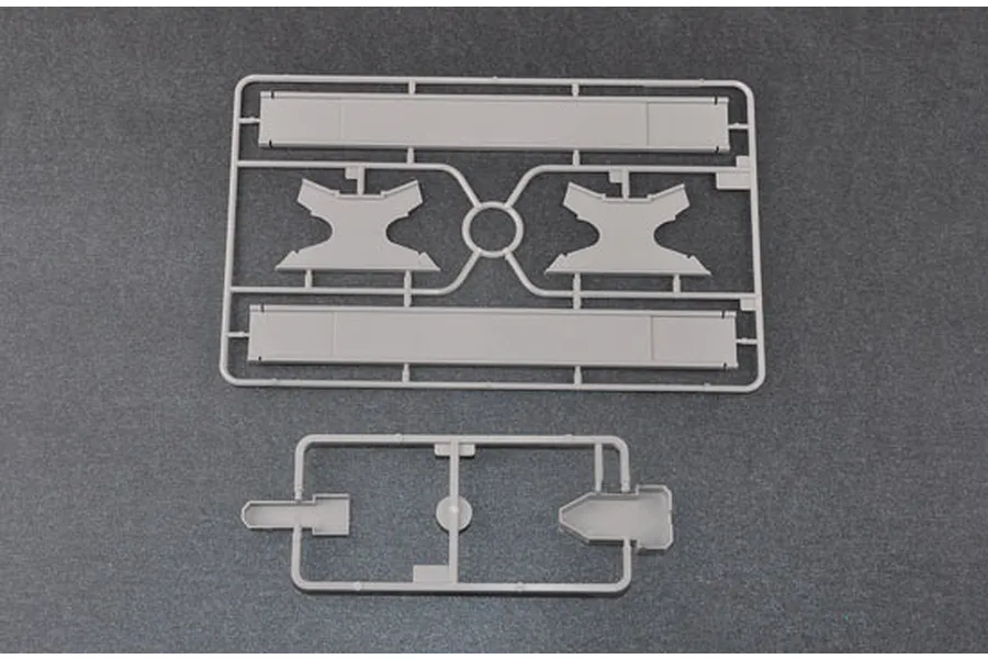 Two grey plastic model kit sprues containing display stand parts for a 1/350 scale ship model.