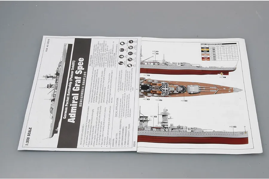 Instruction manual for Trumpeter 1/350 scale Admiral Graf Spee model kit, showing assembly diagrams and paint reference charts.