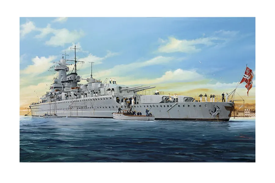 Box art illustration of the German pocket battleship Admiral Graf Spee at sea, featuring crew members on deck and a small boat alongside.