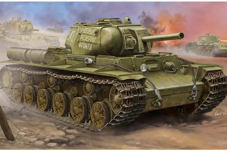 Box art illustration of a Soviet KV-8S heavy tank in a battlefield scene with other tanks in the background.