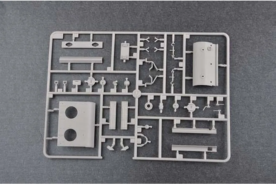 A grey plastic sprue containing various unpainted model tank parts for a 1/35 scale Soviet KV-8S heavy tank kit.