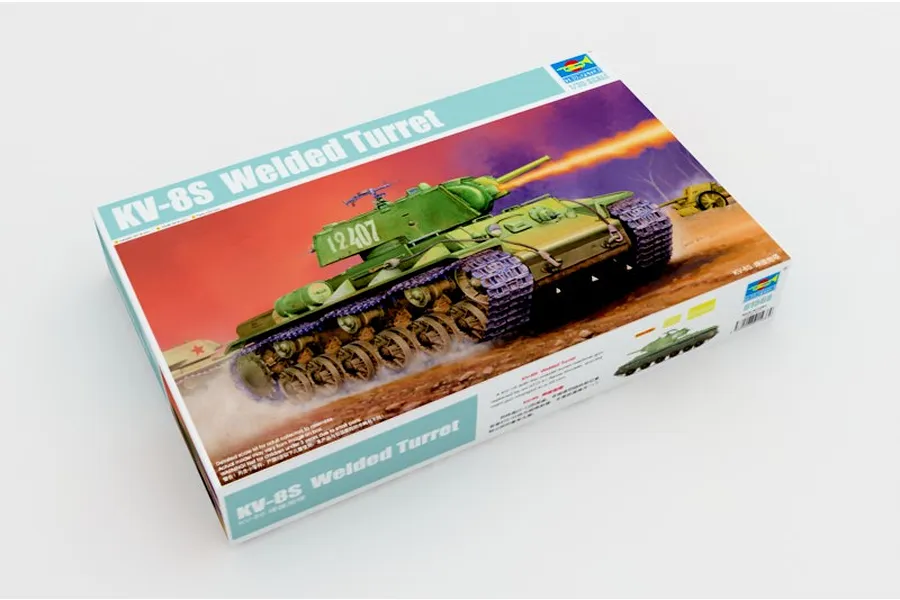 Trumpeter 1/35 scale Soviet KV-8S Welded Turret tank model kit box, featuring box art of the tank in action.
