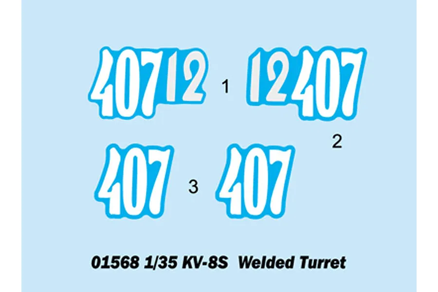 A digital decal sheet for a 1/35 scale Trumpeter KV-8S model kit, showing various white number combinations on a light blue background.