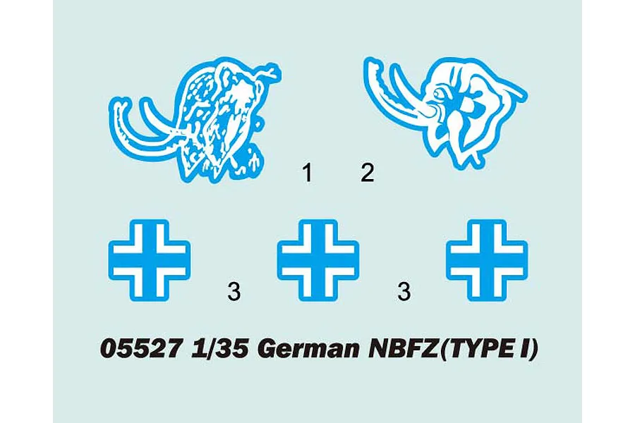 A digital decal sheet preview for a 1/35 scale German NBFZ tank model kit, showing two mammoth emblems and three Balkenkreuz crosses.