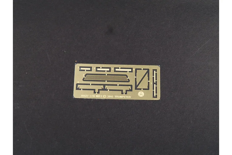 A photo-etched brass fret for a 1/35 scale Trumpeter German NBFZ tank model kit, featuring various small parts labeled with numbers.