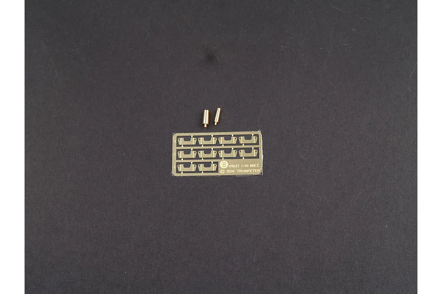 A small photo-etched brass fret and two small metal pins for a 1/35 scale Trumpeter NBFZ tank model kit on a dark grey surface.