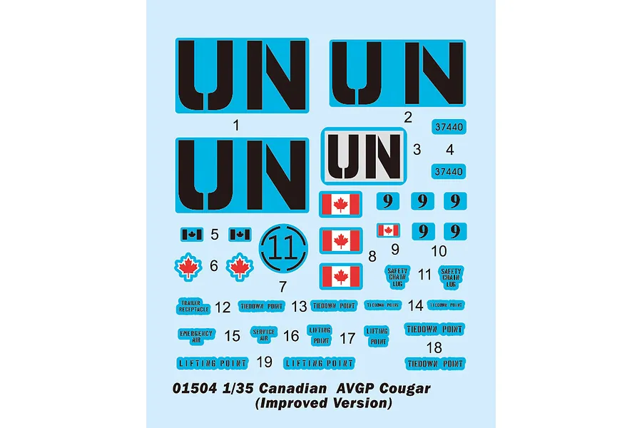 A decal sheet for a 1/35 scale Trumpeter Canadian Cougar AVGP model kit, featuring UN markings, Canadian flags, and various technical stencils.