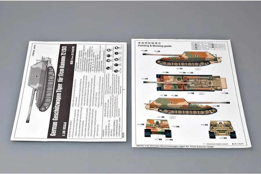 Instruction manual and painting guide for the Trumpeter 1/35 scale German Geschutzwagen Tiger model kit, laid flat on a grey surface.