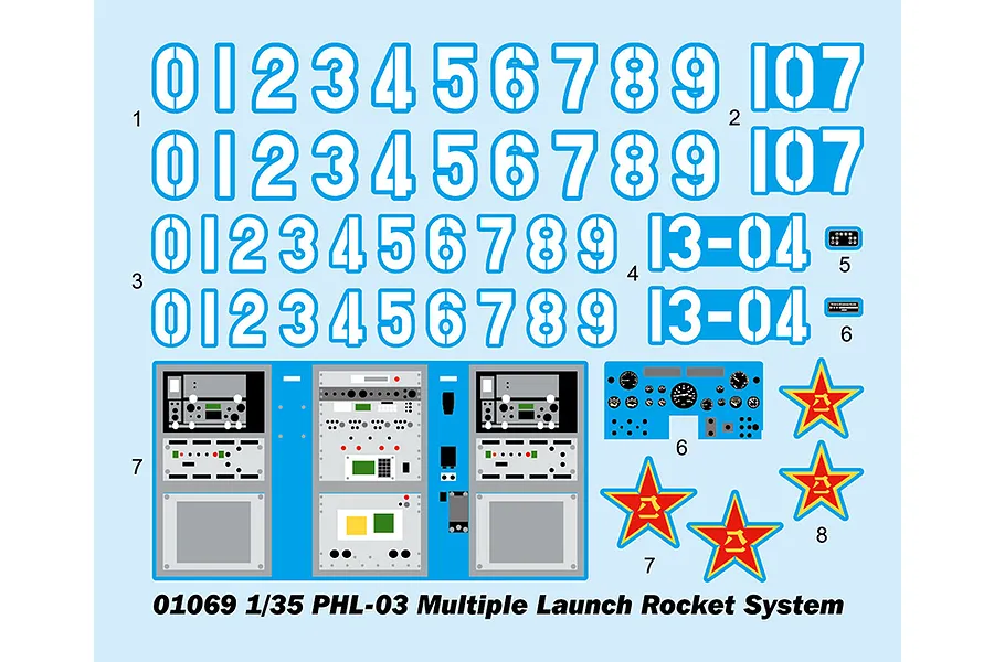 A decal sheet for the Trumpeter 1/35 PHL-03 Multiple Rocket System model kit, featuring numbers, control panel graphics, and red star insignias.
