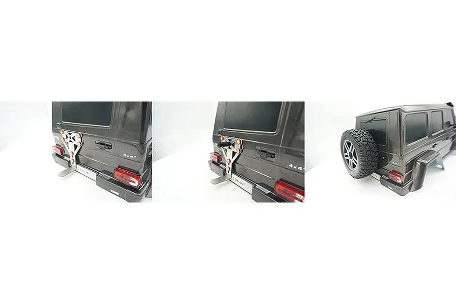 Three views of a GPM stainless steel spare tyre mount installed on the rear of a 1/10 scale RC Mercedes G-Wagon body shell.