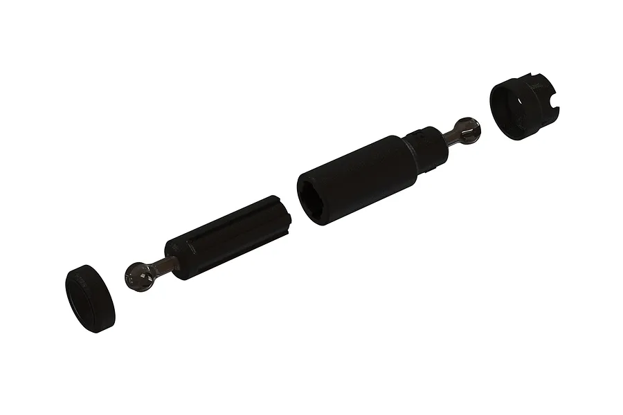 An exploded view of an ARRMA composite slider drive shaft assembly, showing the shaft, housing, and end caps.