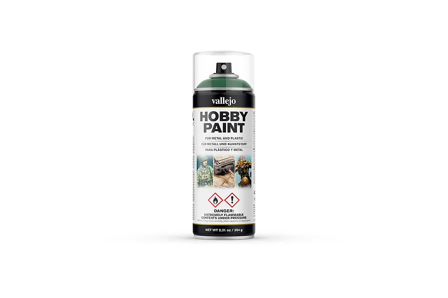 A 400ml can of Vallejo Hobby Paint spray in Sick Green, featuring a clear plastic cap and product labeling on a white background.