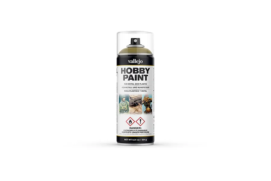 A 400ml can of Vallejo Hobby Paint spray in Panzer Yellow, featuring a clear plastic cap and a label with product information and hazard warnings.