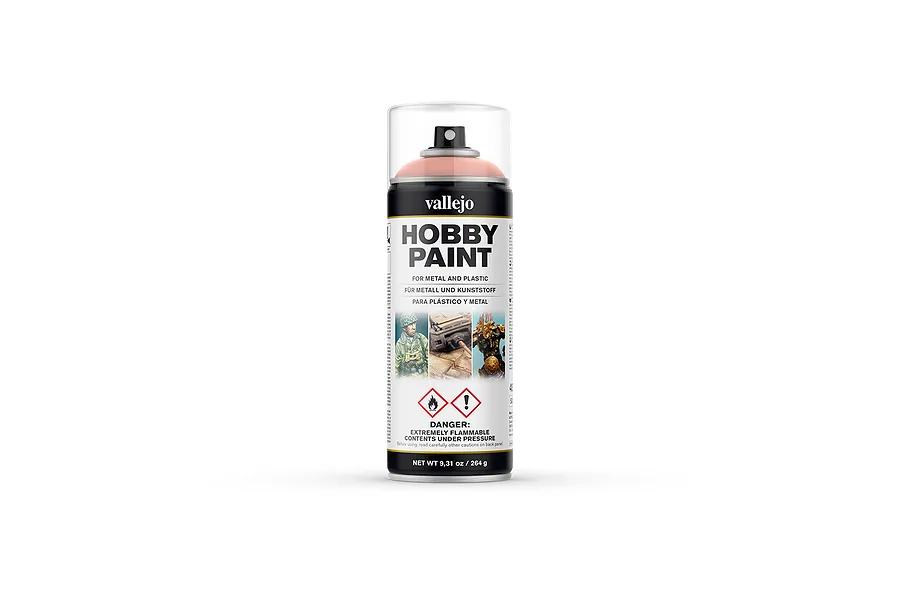 A 400ml can of Vallejo Hobby Paint spray in Pale Flesh, featuring a clear plastic cap and a label with product information and safety warnings.