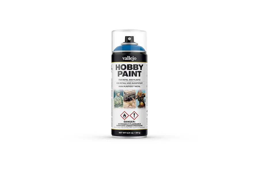 A 400ml can of Vallejo Hobby Paint in Magic Blue with a clear plastic cap, standing against a white background.