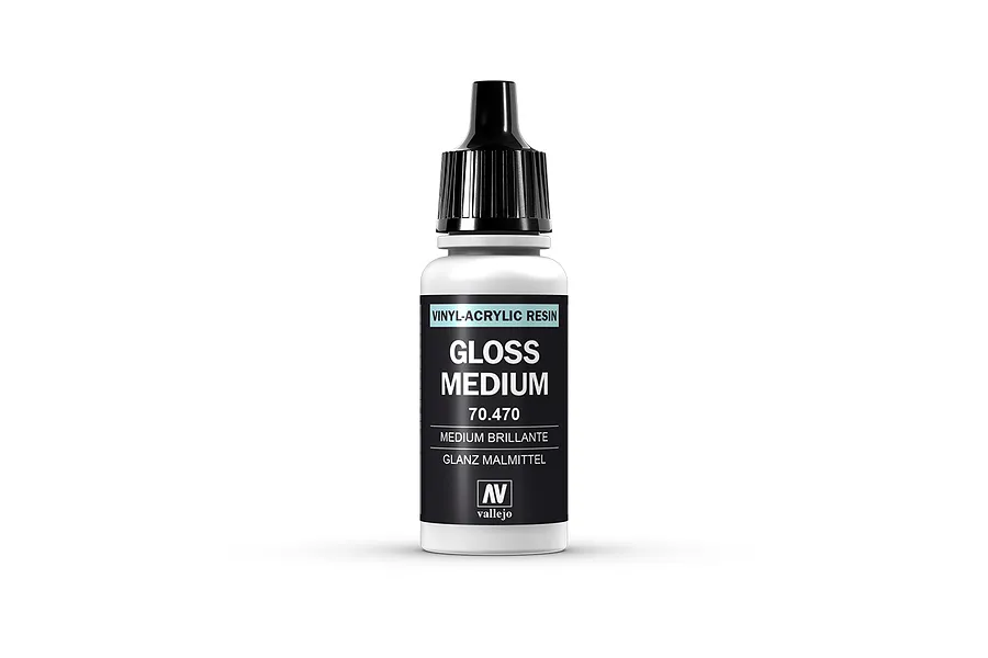 A 17ml bottle of Vallejo Gloss Medium with a black dropper cap, white body, and black label, isolated on a white background.
