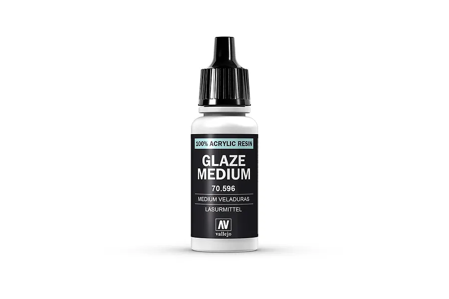 A 17ml bottle of Vallejo Glaze Medium with a black dropper cap and a label featuring the product name and model number 70.596.