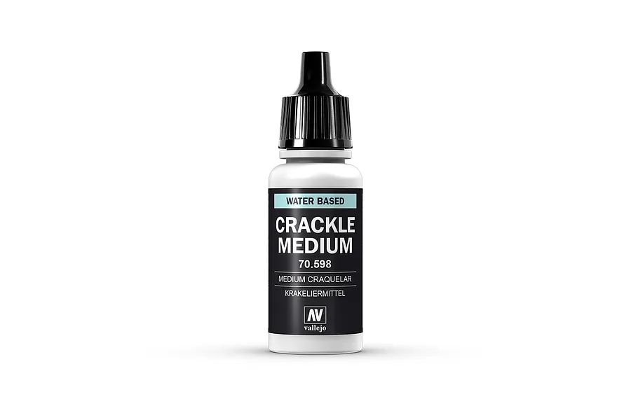 A 17ml bottle of Vallejo Crackle Medium with a black dropper cap and a label featuring the product name and model number 70.598.