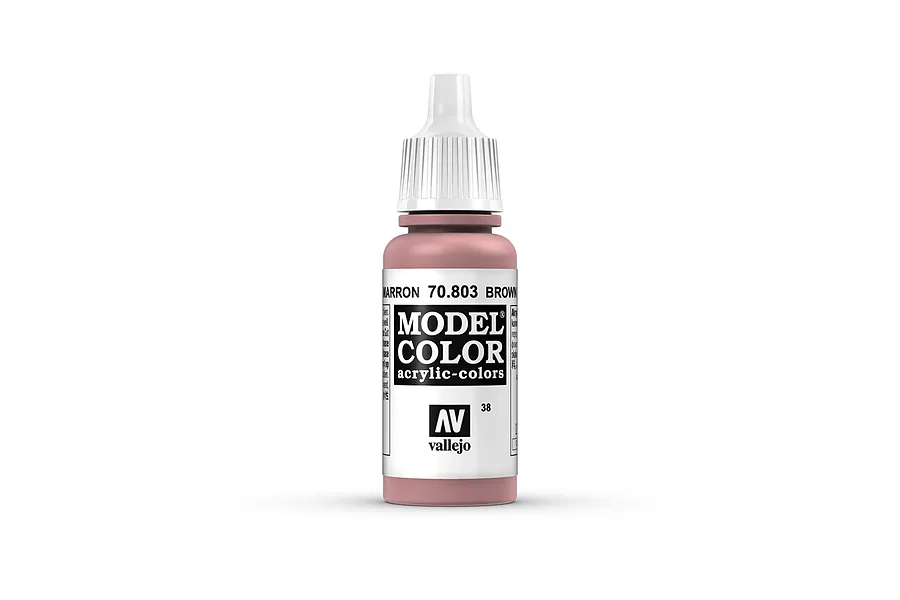A 17ml bottle of Vallejo Model Color acrylic paint in Brown Rose (70.803) with a white dropper cap against a white background.