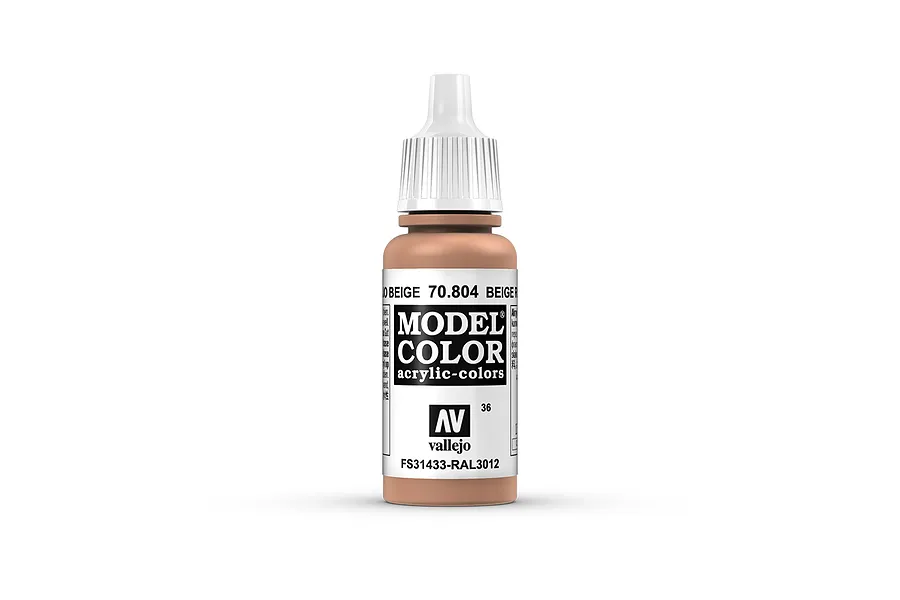 A 17ml bottle of Vallejo Model Color Beige Red acrylic paint, featuring a white dropper cap and a label with the product name and code 70.804.