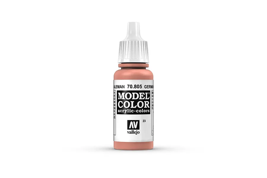 A 17ml bottle of Vallejo Model Color German Orange acrylic paint with a white dropper cap, centered against a white background.