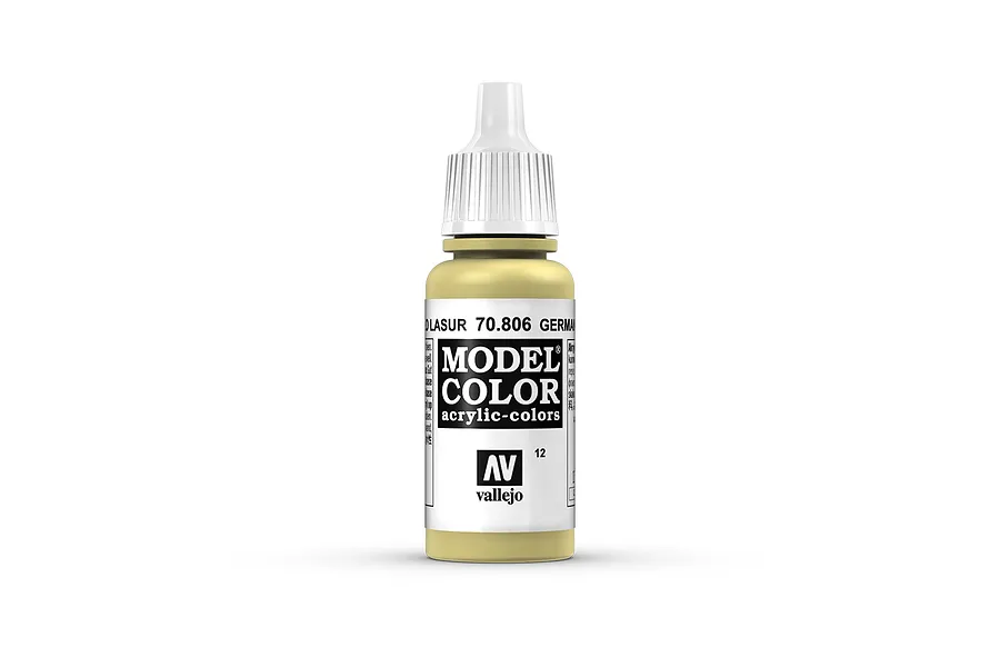 A 17ml bottle of Vallejo Model Color German Yellow acrylic paint with a white dropper cap, centered against a plain white background.
