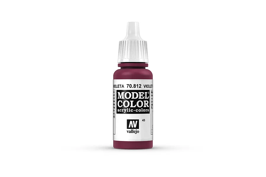 A 17ml bottle of Vallejo Model Color Violet Red acrylic paint, featuring a white dropper cap and a label with the product name and branding.